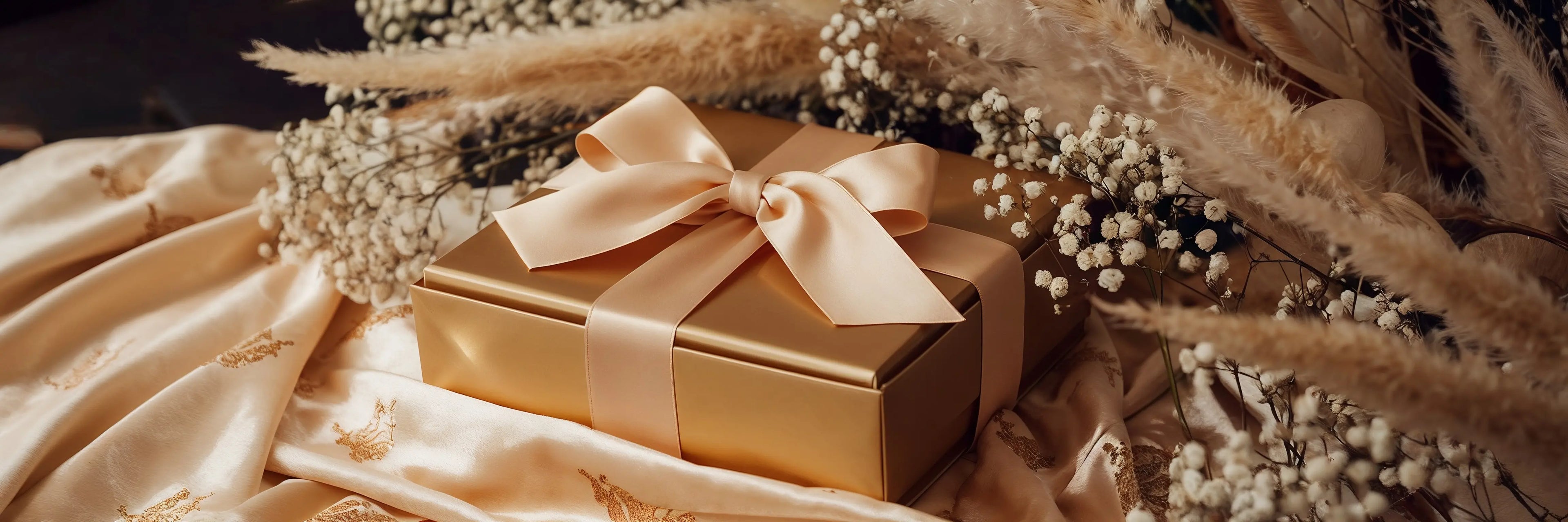 Mercy’s Jewelry Geschenkbox in Gold mit Satin-Schleife – luxuriöse Verpackung für Geschenke ab 50 Euro aus der Kollektion Goldene Zeiten
