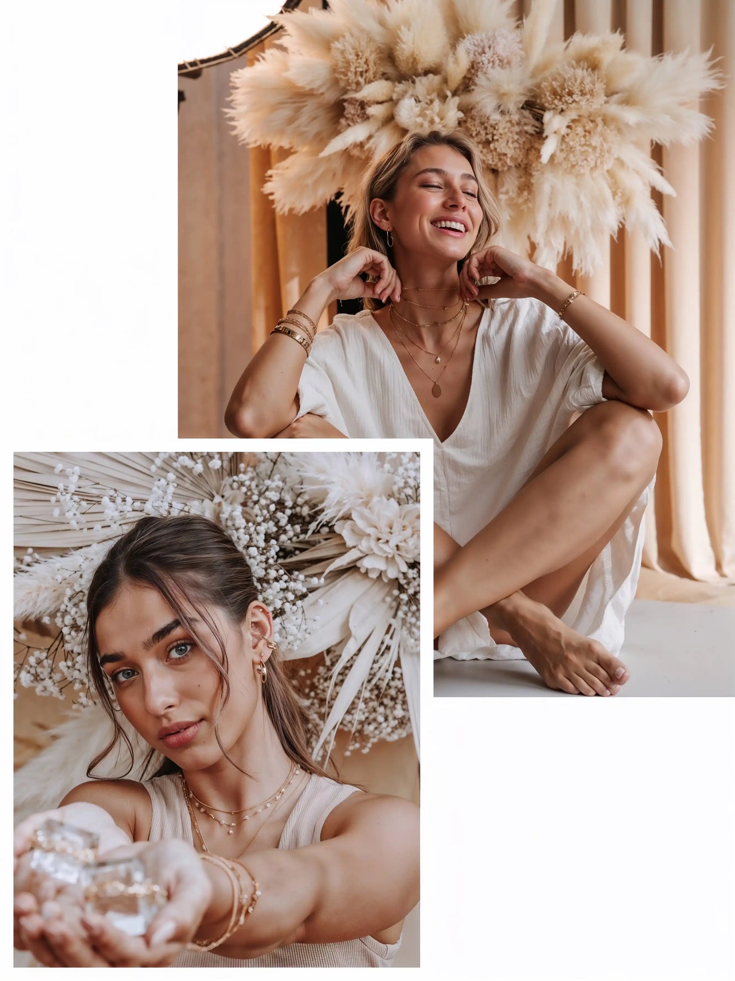 Zwei Frauen tragen Mercy’s Jewelry Schmuck vor Blumendeko, Symbol für wasserfeste Materialien