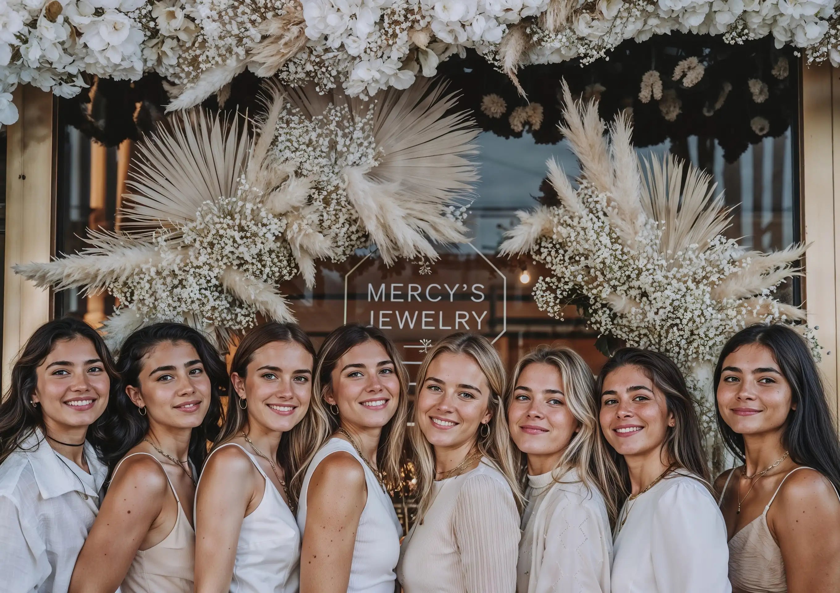 Gruppe junger Frauen mit Mercy’s Jewelry Schmuck vor dekoriertem Schaufenster mit Blumenarrangement