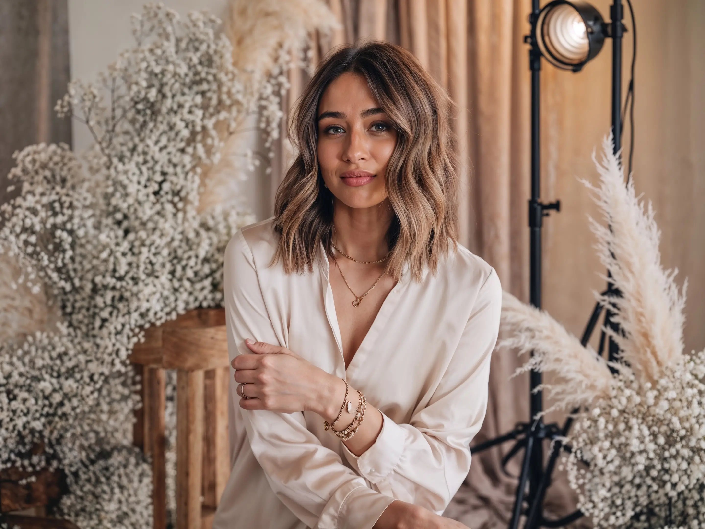 Model mit schulterlangen Haaren trägt Mercy’s Jewelry Schmuck – goldene Halsketten und Armbänder, aufgenommen im Studio mit Blumendeko