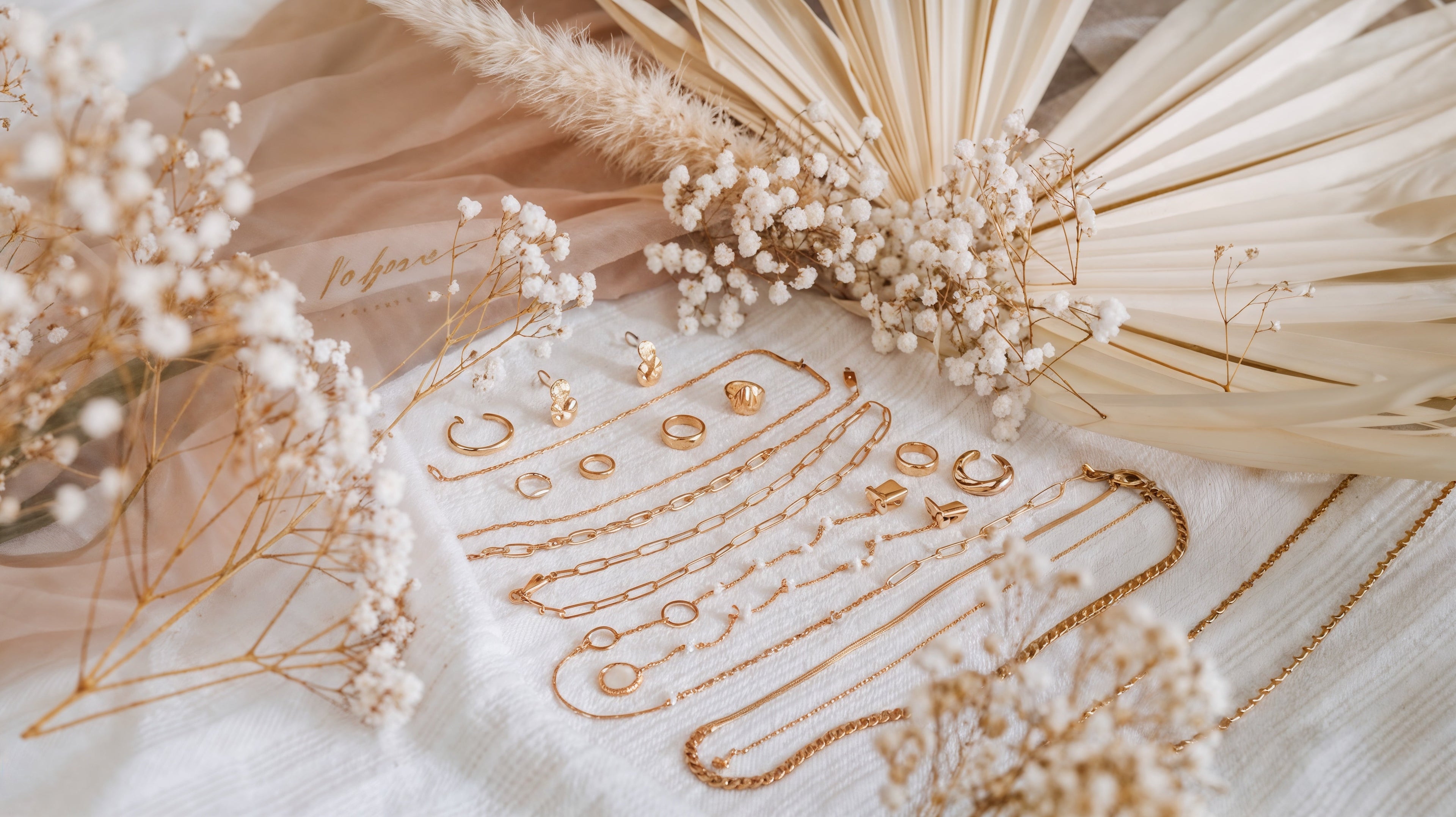 Mercy’s Jewelry Essentials Kollektion mit vergoldeten Ringen, Armbändern, Ketten und Ohrringen auf hellem Stoff mit dekorativen Trockenblumen