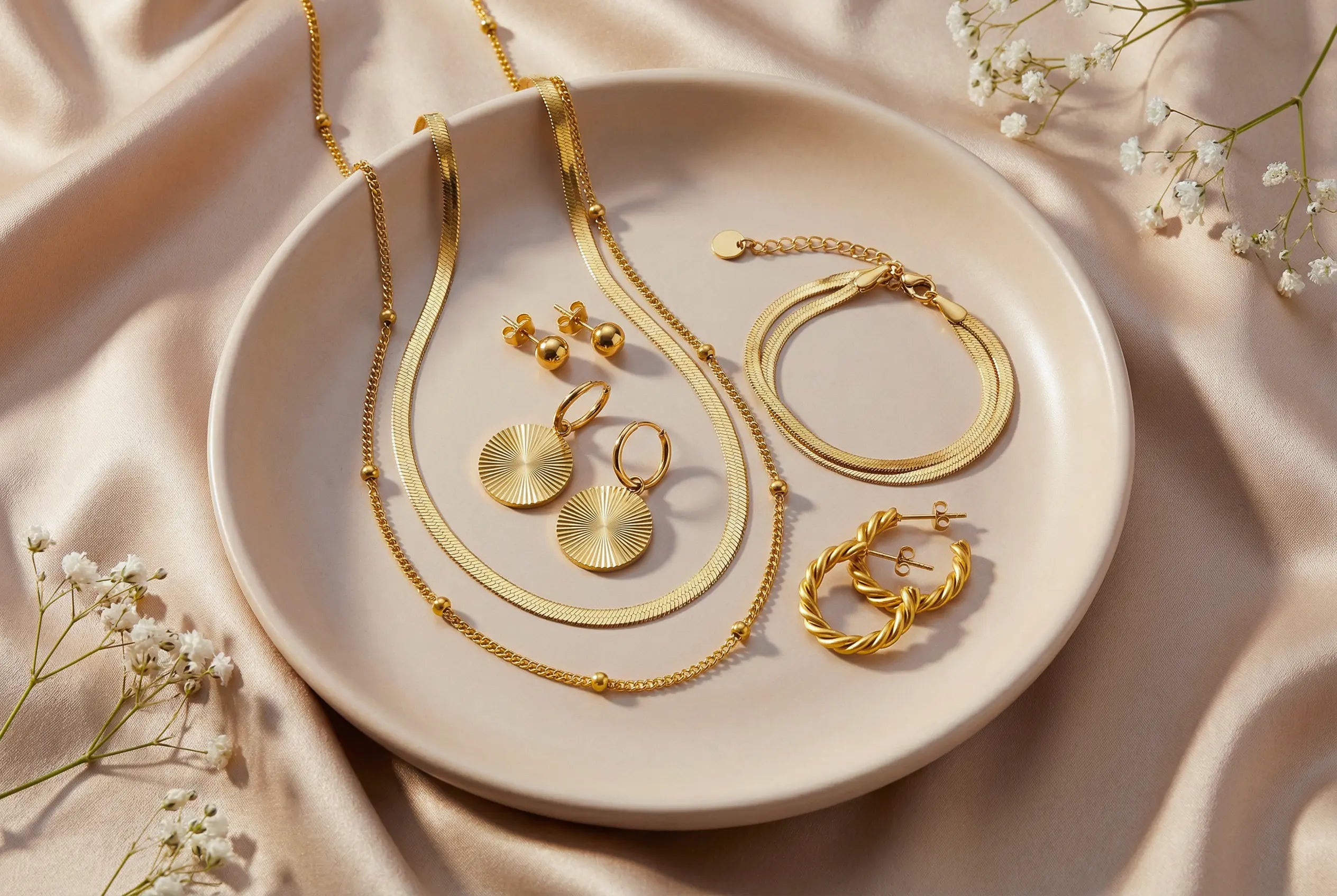 Mercy’s Jewelry Essentials Kollektion mit vergoldeten Ringen, Armbändern, Ketten und Ohrringen auf hellem Stoff mit dekorativen Trockenblumen