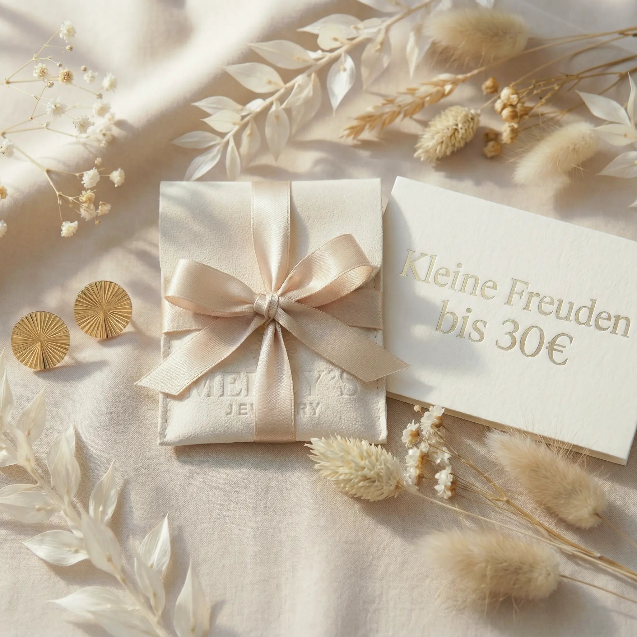 Goldene runde Ohrstecker neben dem beigen Mercy’s Jewelry Pouch mit Schleife, umgeben von zarten Trockenblumen und einer Karte mit der Aufschrift „Kleine Freuden bis 30€“ – warmes, Geschenk-inspiriertes Flatlay.