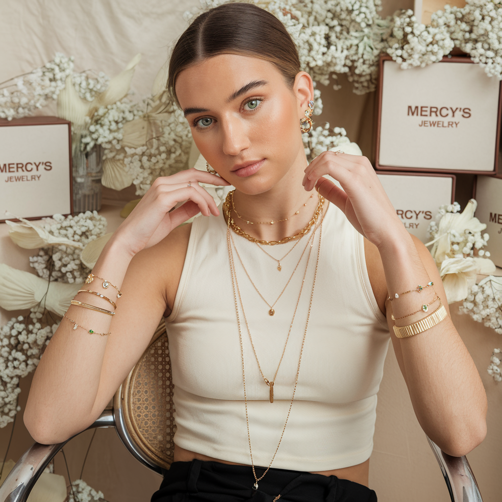Model trägt Mercy’s Jewelry Bestseller mit goldenen Halsketten im Layering-Look, Armbändern, Creolen-Ohrringen und Ringen, stilvoll präsentiert vor dekorativen Blumen und Schmuckboxen