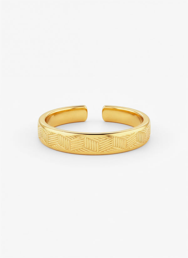 Luneth Ring in Gold, schmaler Bandring mit geometrischer Gravur in offener, verstellbarer Form