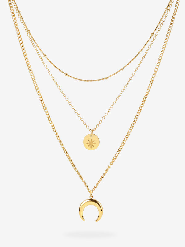 Noenya Layers Kette in Gold, drei Reihen mit Stern und Halbmond