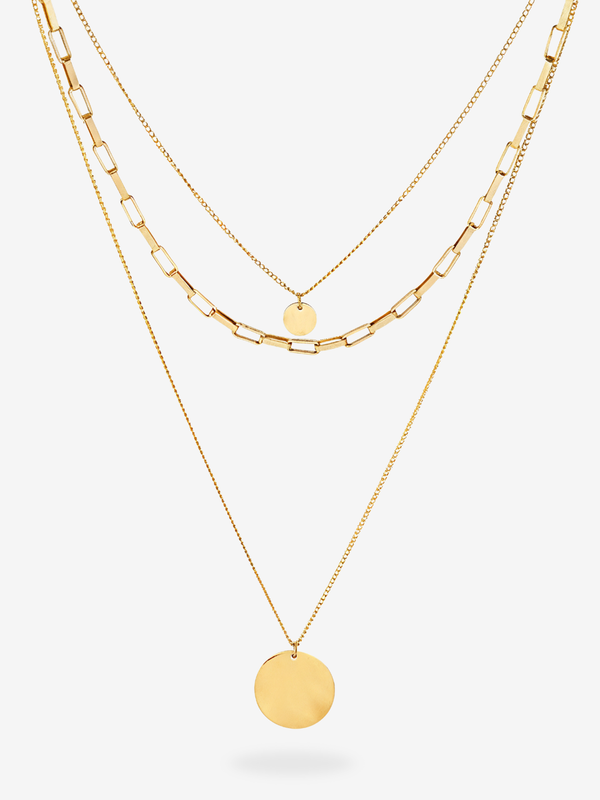 Sienna Layers Kette in Gold, drei Reihen mit Paperclip-Gliedern und Coin-Anhänger