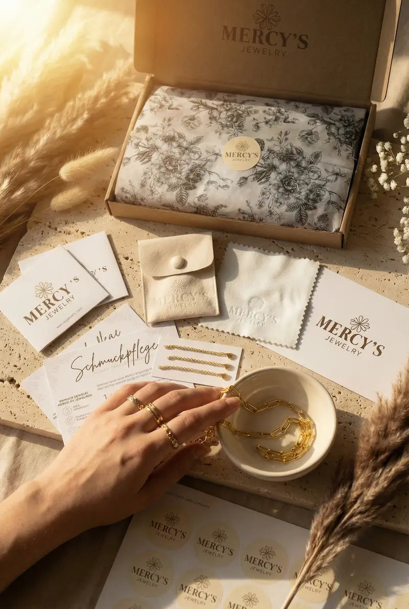 Liebevoll verpackte Goldschätze: Entdecke das MERCY'S Ritual für hochwertigen Schmuck und unvergessliche Geschenkmomente bei bymercy.de.
