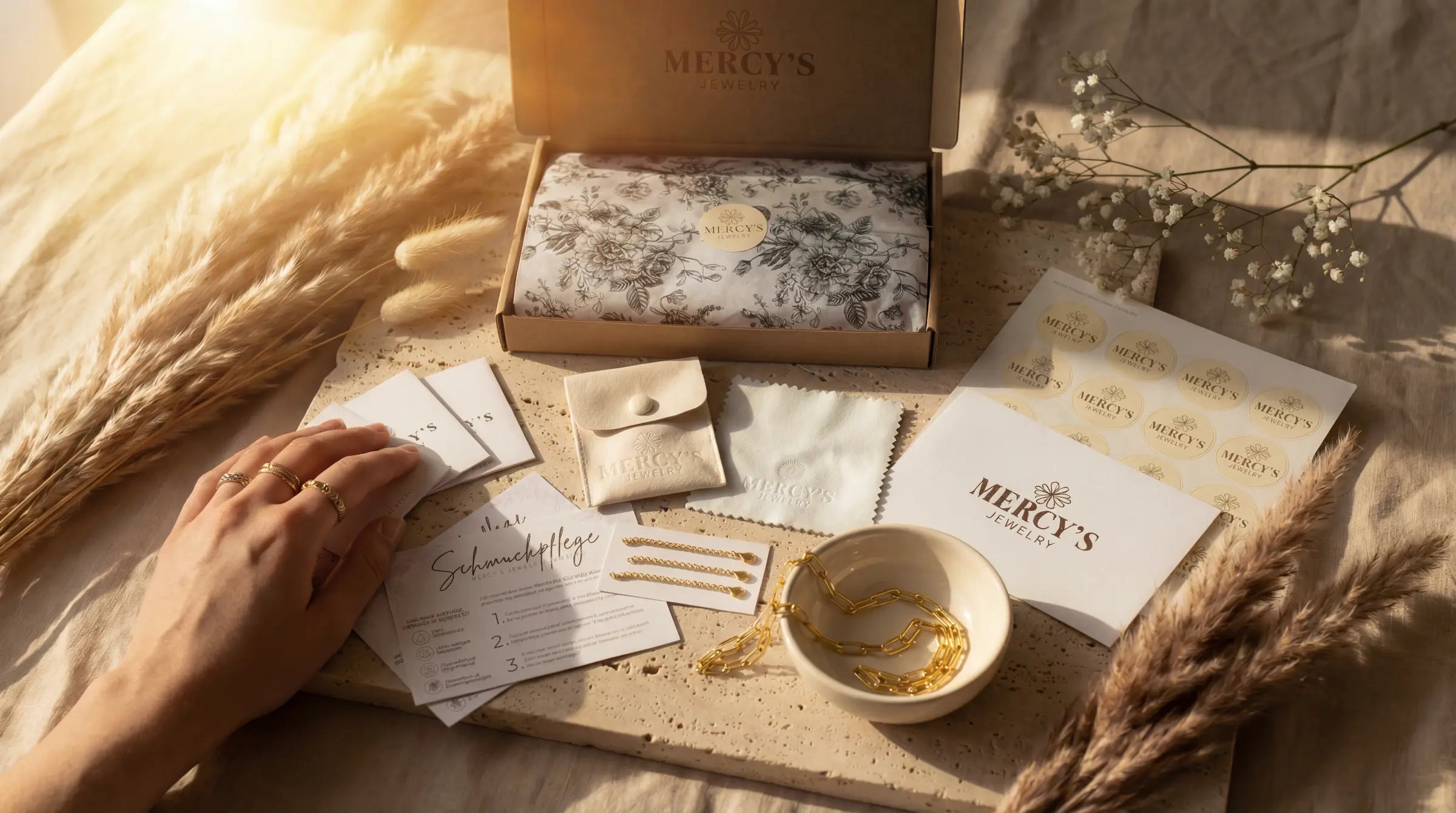 Exklusives Schmuck-Auspackerlebnis von bymercy.de: Eine geöffnete Ritual Box mit goldenem Schmuck, Samtbeutel und Pflegekarte auf hochwertigem Naturstein.