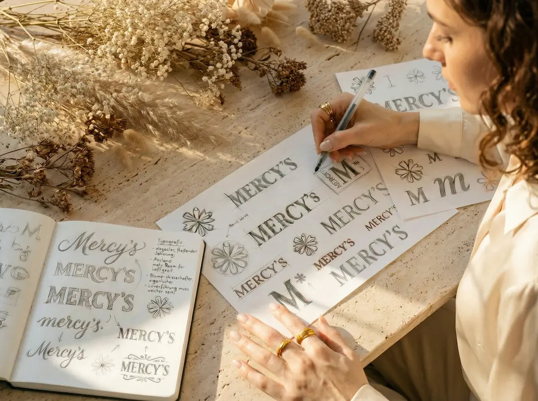 MERCY'S Gründerin entwirft bei bymercy.de handgezeichnete Schmuck-Designs im Atelier für persönliche Herzstücke.