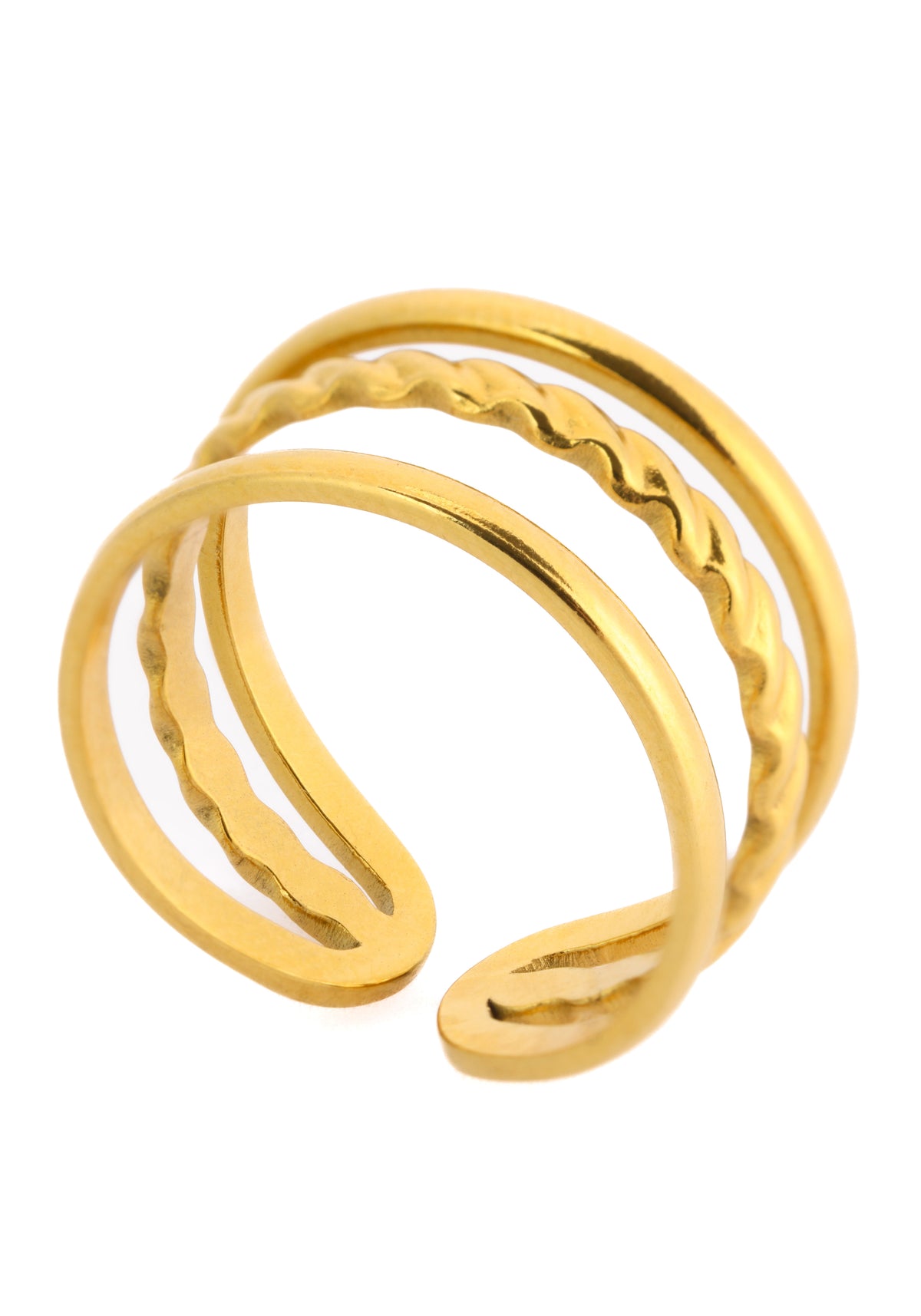 Alirae Ring – Edelstahl 18K vergoldet, breiter dreireihiger Stacking-Ring, freigestelltes Produktfoto