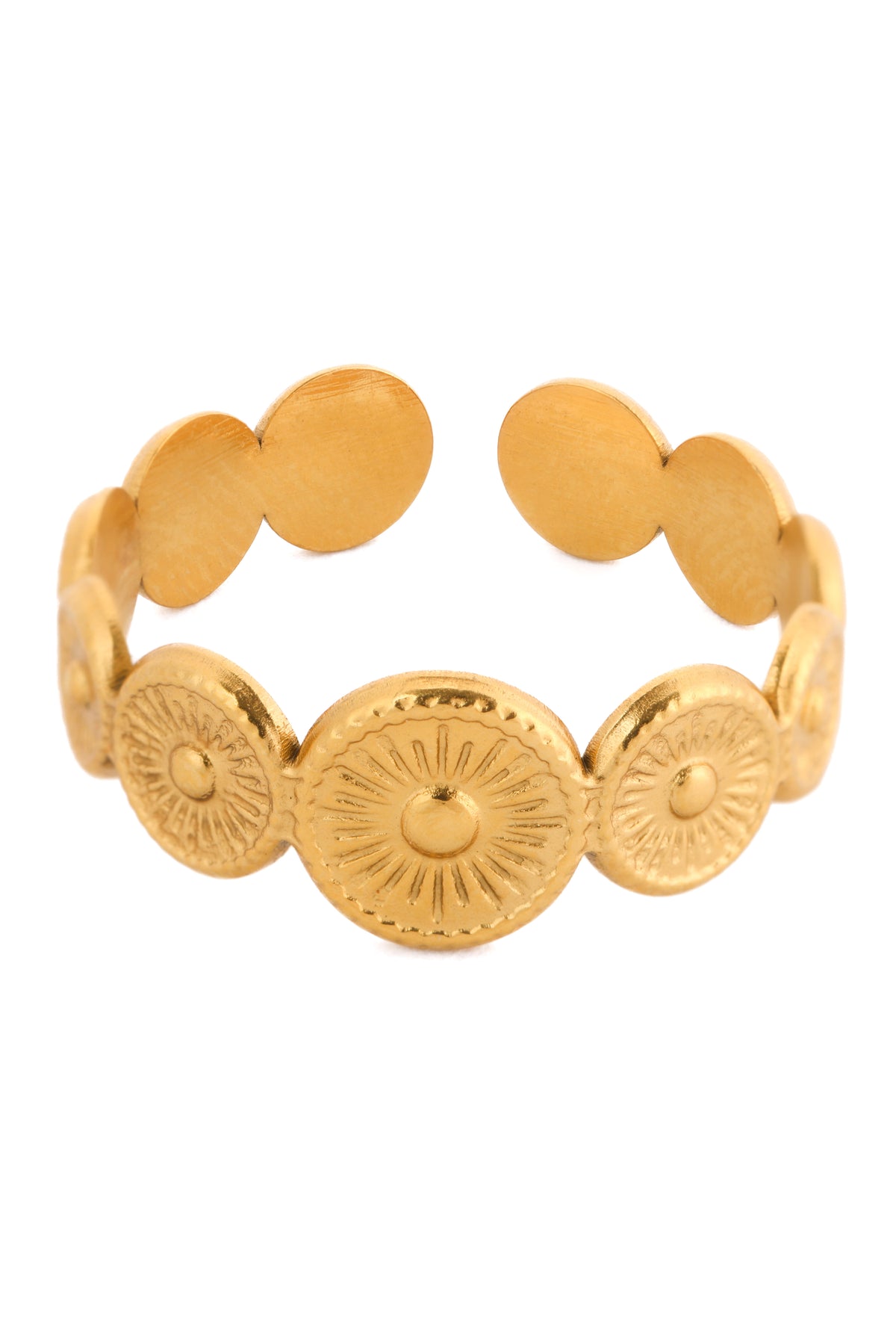 Aurema Ring – Damen-Ring aus Edelstahl 18K vergoldet, Münz-Design, freigestelltes Produktfoto