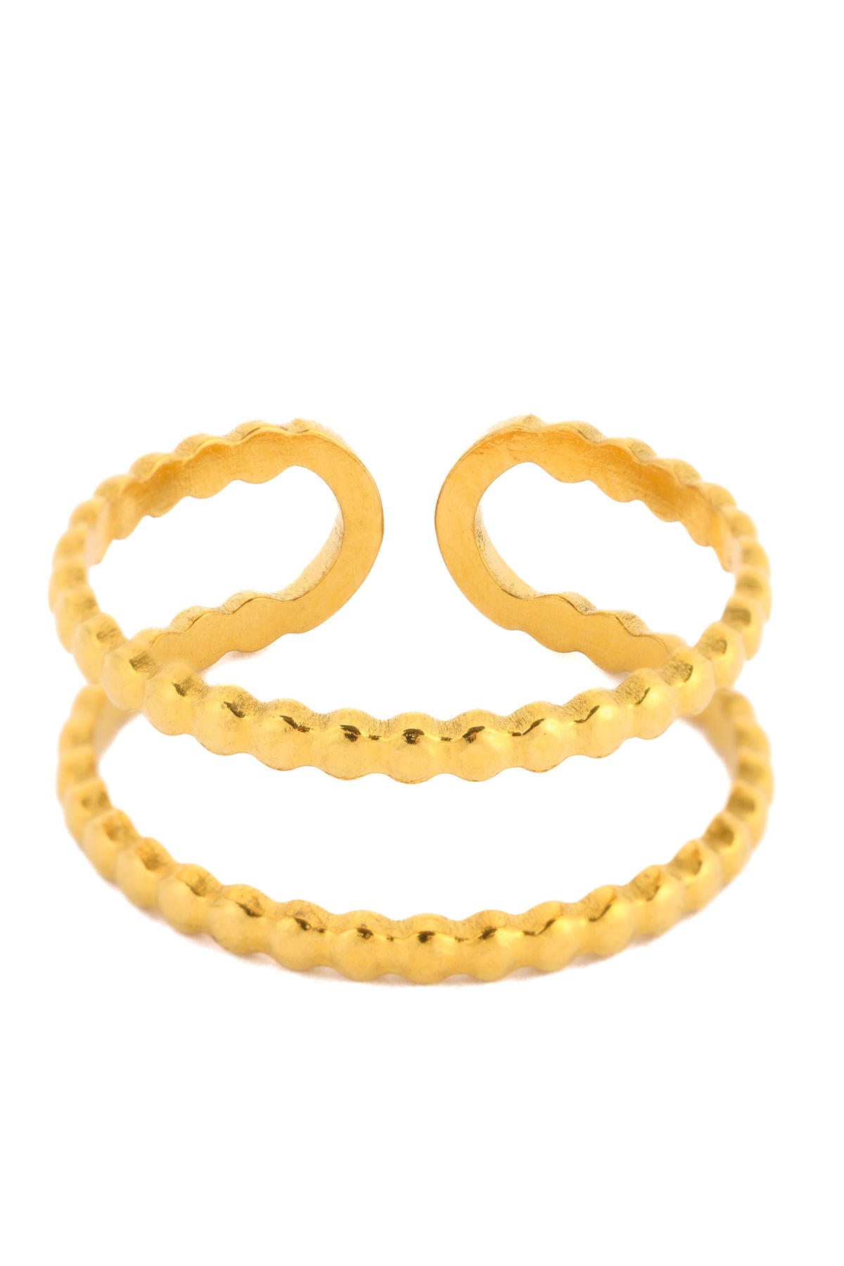 Evaniah Ring – Edelstahl 18K vergoldet, filigraner Stacking-Ring mit Doppelstruktur aus zarten Kugeln, freigestelltes Produktfoto