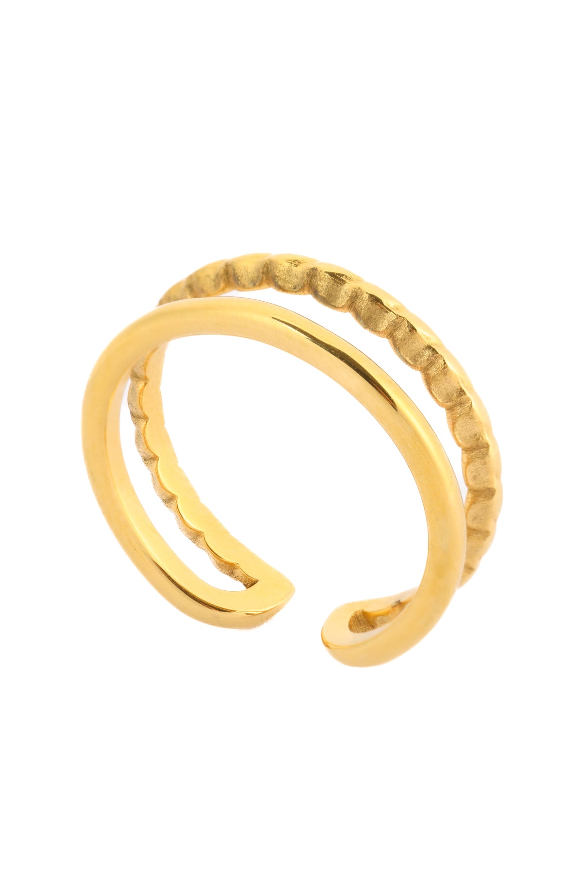 Nayelis Ring – Edelstahl 14K vergoldet, offenes strukturiertes Design, freigestelltes Produktfoto