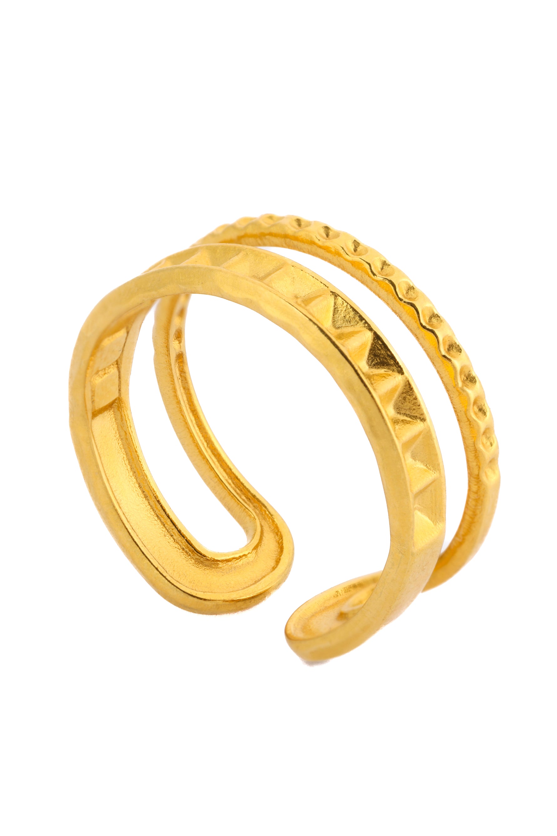 Sireva Ring – Edelstahl 18K vergoldet, zweireihiger Statement-Ring, freigestelltes Produktfoto