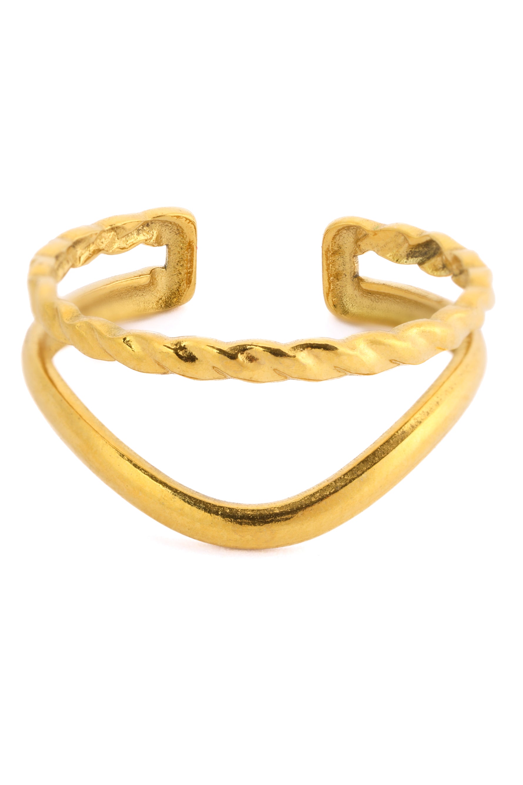 Soriel Ring – Edelstahl 18K vergoldet, offenes V-Design mit gedrehter Struktur, freigestelltes Produktfoto