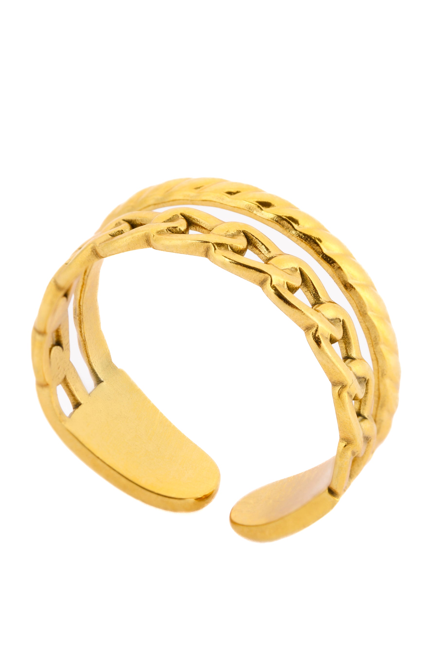 Zelira Ring – Edelstahl 18K vergoldet, offenes geflochtenes Design, freigestelltes Produktfoto