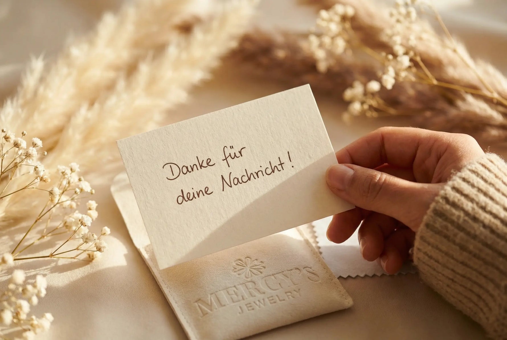 Hand hält eine Dankeskarte über einem Mercy’s Jewelry Samtbeutel, dekoriert mit Pampasgras und Baby’s Breath im warmen Licht.