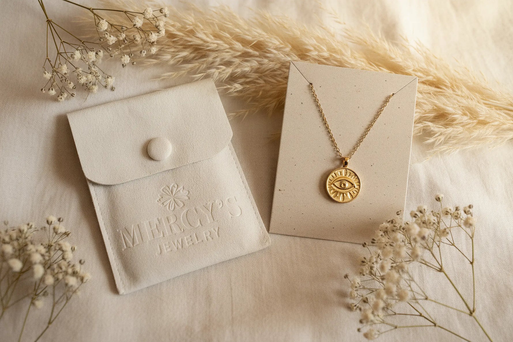 Goldene Halskette mit rundem Eye-Symbol-Anhänger auf einer Schmuckkarte, daneben ein Mercy’s Jewelry Samtbeutel sowie Pampasgras und Baby’s Breath in warmem Licht.