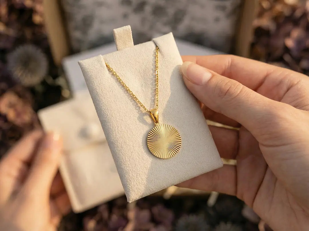 Goldene MERCY’S Jewelry Halskette mit Sonnen-Anhänger auf einem cremefarbenen Soft-Touch Pouch von bymercy.de