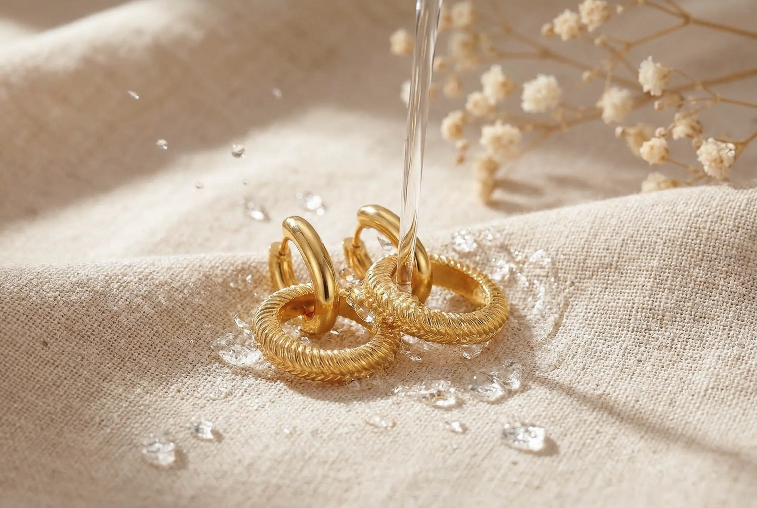 Goldene Ohrringe mit strukturierter Oberfläche auf hellem Leinenstoff, während ein Wasserstrahl darüberläuft und Tropfen spritzen; dekoriert mit Baby’s Breath im warmen Licht.