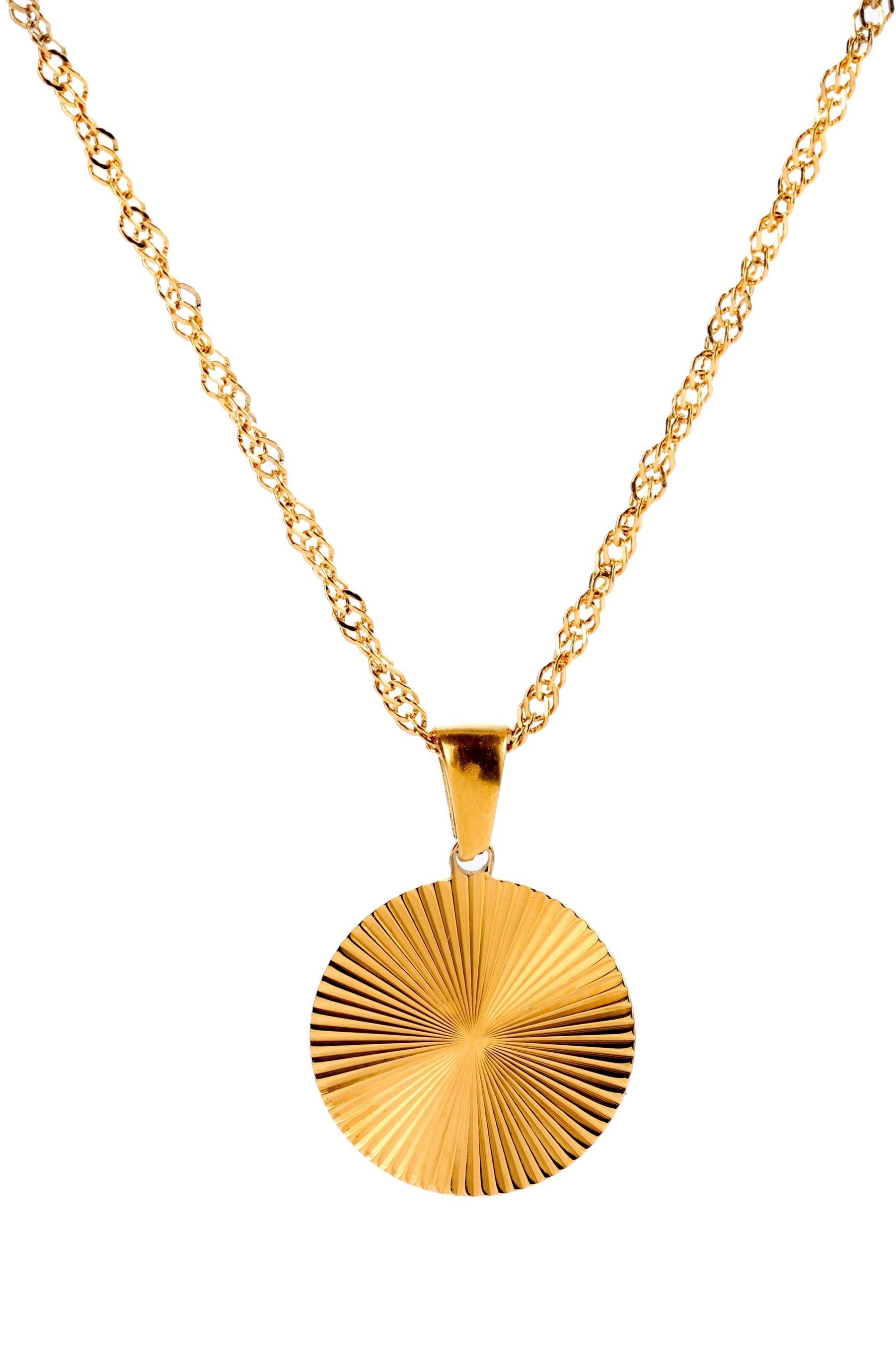 Elira Kette – Edelstahl 18K vergoldet, Coin-Anhänger mit Sonnenmotiv, freigestelltes Produktfoto frontal