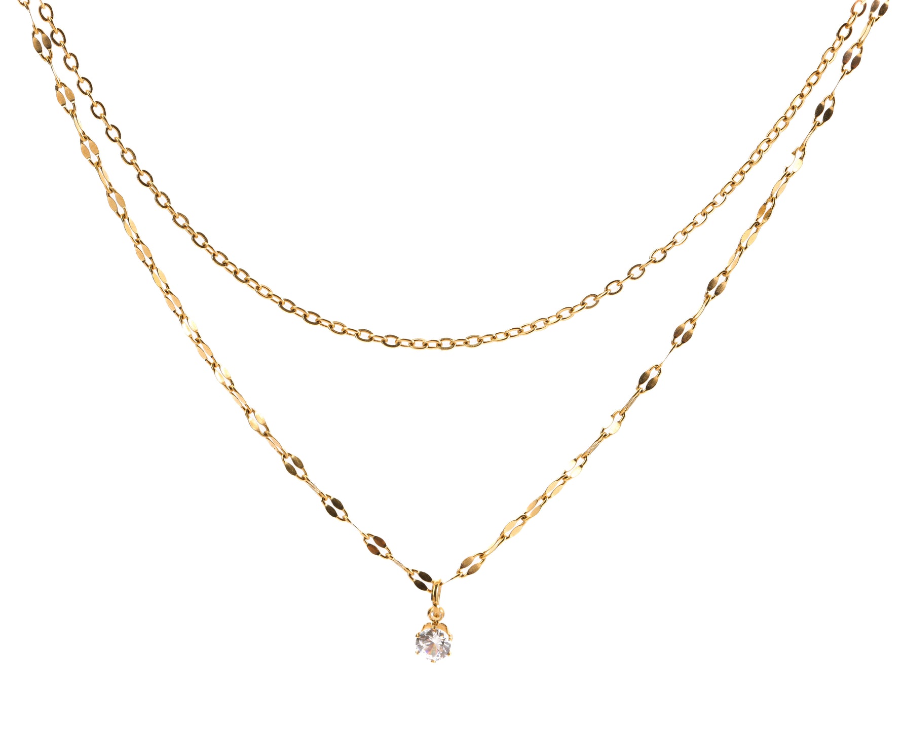 Lirae Kette – Edelstahl 18K vergoldet, filigrane Layering-Kette mit Zirkonia-Anhänger, Produktfoto