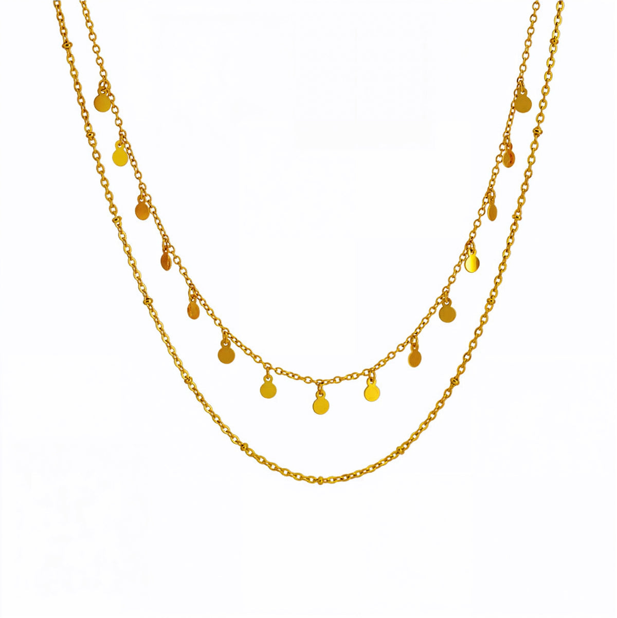Naia Layers Kette – Edelstahl 18K vergoldet, zweireihige Kette mit Plättchen und Mini-Knoten, freigestelltes Produktfoto