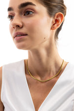 Soleya Halskette – Edelstahl 18K vergoldet, breite Snake-Gliederkette, frontal am Hals getragen, Nahaufnahme