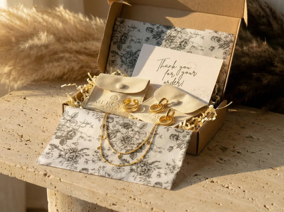 Hochwertiges Schmuck Geschenkset bis 50 Euro in einer MERCY’S Geschenkbox mit Dankeskarte.
