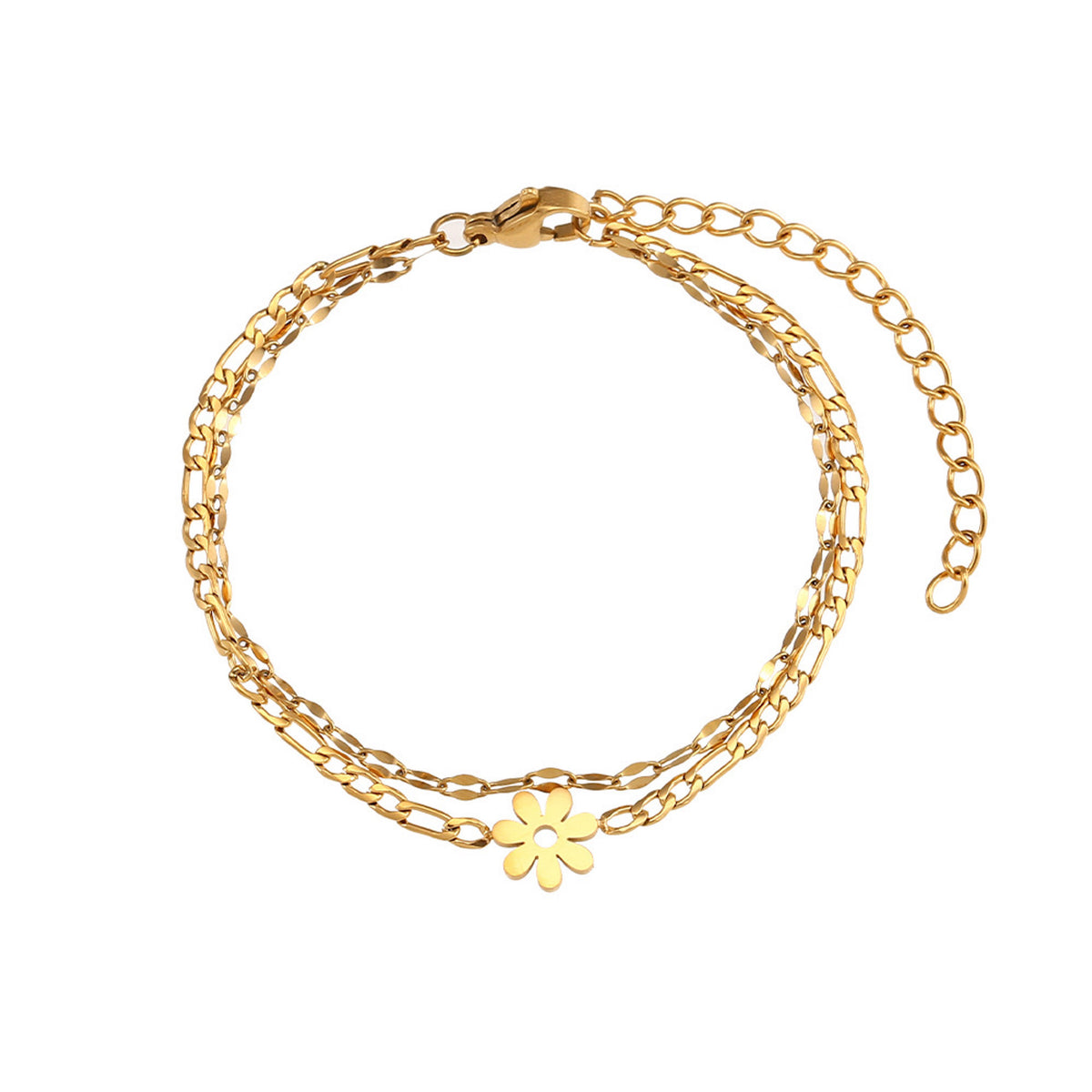 Freisteller-Bild des Linaya Armbands aus Edelstahl 18K vergoldet mit feinen Gliederketten und großem Blumenanhänger
