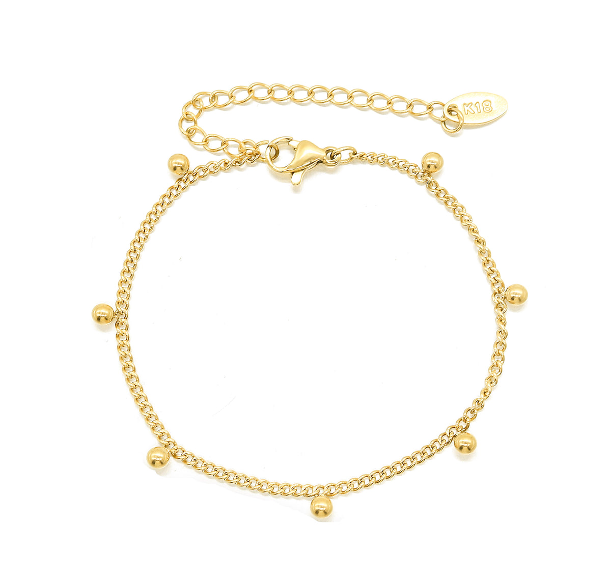 Lyssira Armband Edelstahl 18K vergoldet mit Goldkugeln, Freistellerbild mit Verschluss, detailreiche Produktaufnahme