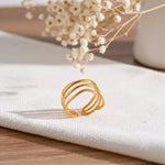 Mehrreihiger Statement-Ring aus Edelstahl 18 K vergoldet, offen und verstellbar, mit geschwungenem Design auf hellem Stoff und Trockenblumen im Hintergrund – Tavinea Ring | Mercy’s Jewelry