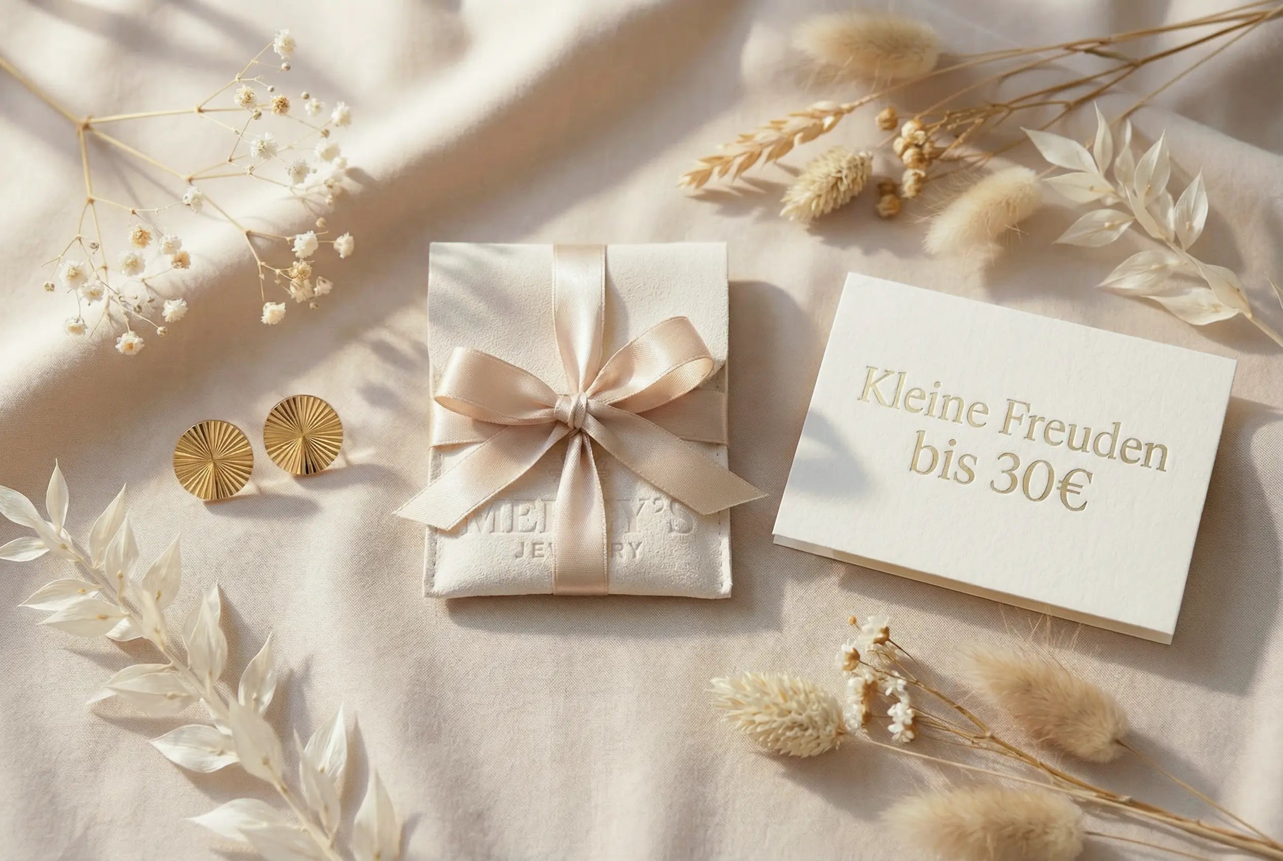 Geschenkidee bis 30 Euro von Mercy’s Jewelry: goldene Ohrringe, beigefarbener Schmuckbeutel mit Schleife und Karte „Kleine Freuden bis 30 €“ in einer ästhetischen Flatlay-Komposition mit Trockenblumen.