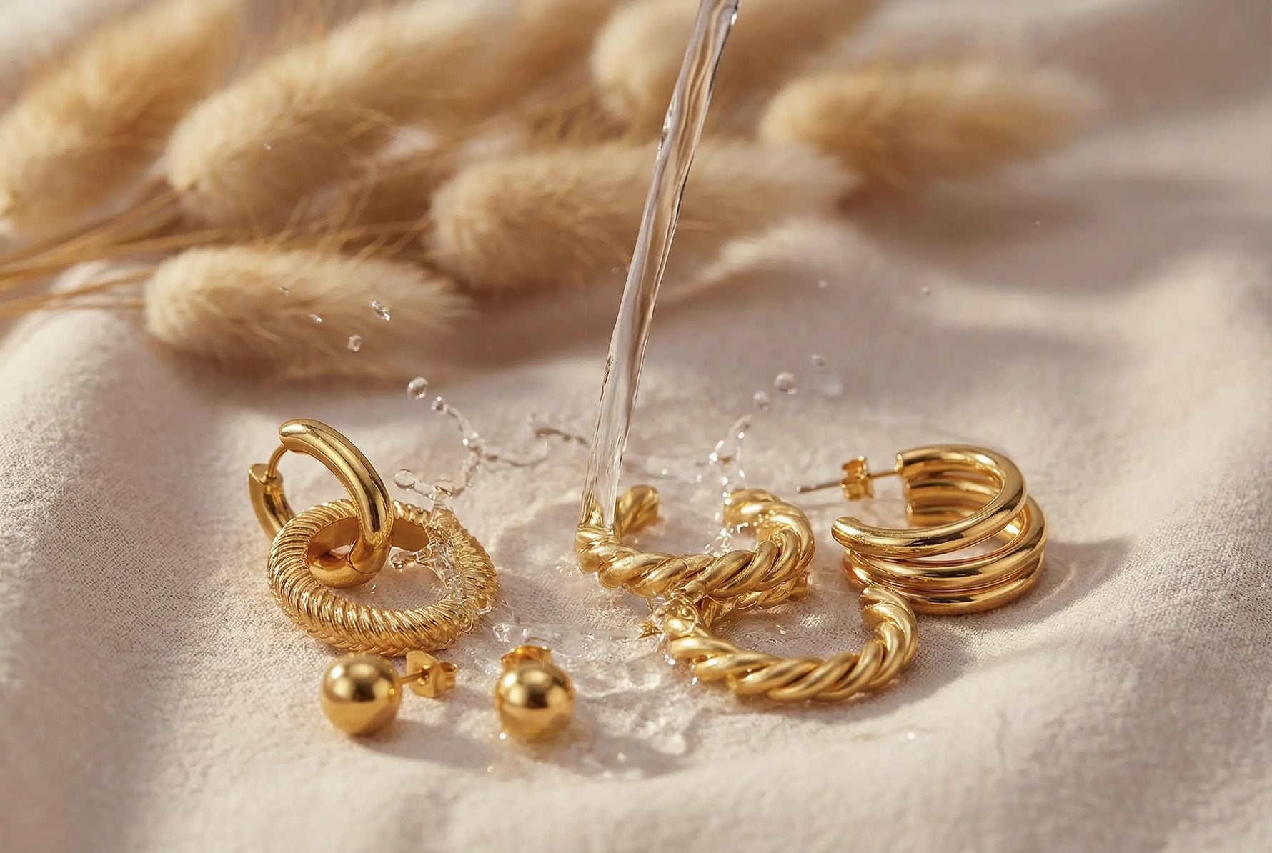 Goldene 18K-vergoldete Edelstahl-Creolen liegen auf einem beigefarbenen Stoff, während Wasser darüber fließt – Darstellung der wasserfesten Qualität von Mercy’s Jewelry.
