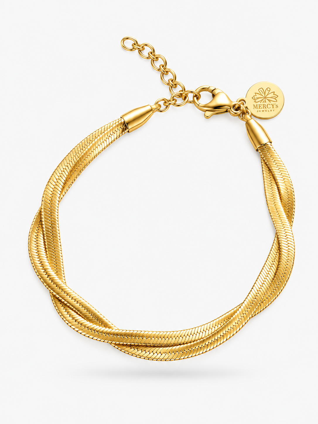 Mercy's Jewelry Velira Double Armband: zwei flache Snake-Chain-Stränge ineinander gedreht, Edelstahl 18K vergoldet, mit Verlängerung und Logo-Anhänger