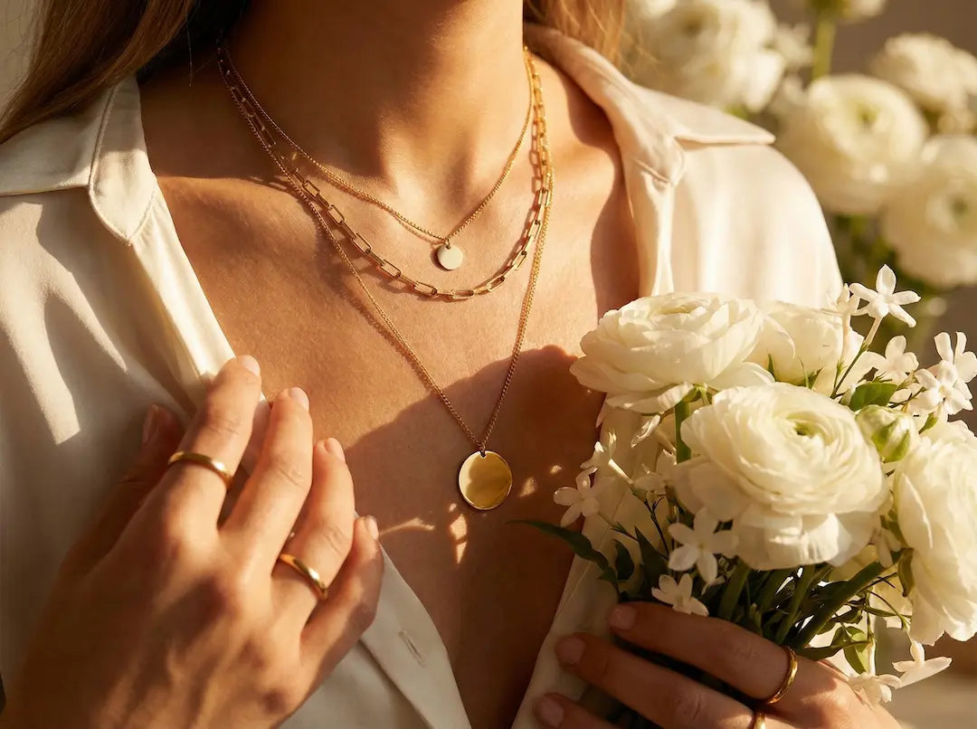 Exklusive goldene Halsketten für das perfekte Layering von MERCY’S, elegant an einem Dekolleté mit weißer Blüte im warmen Sonnenlicht inszeniert – bymercy.
