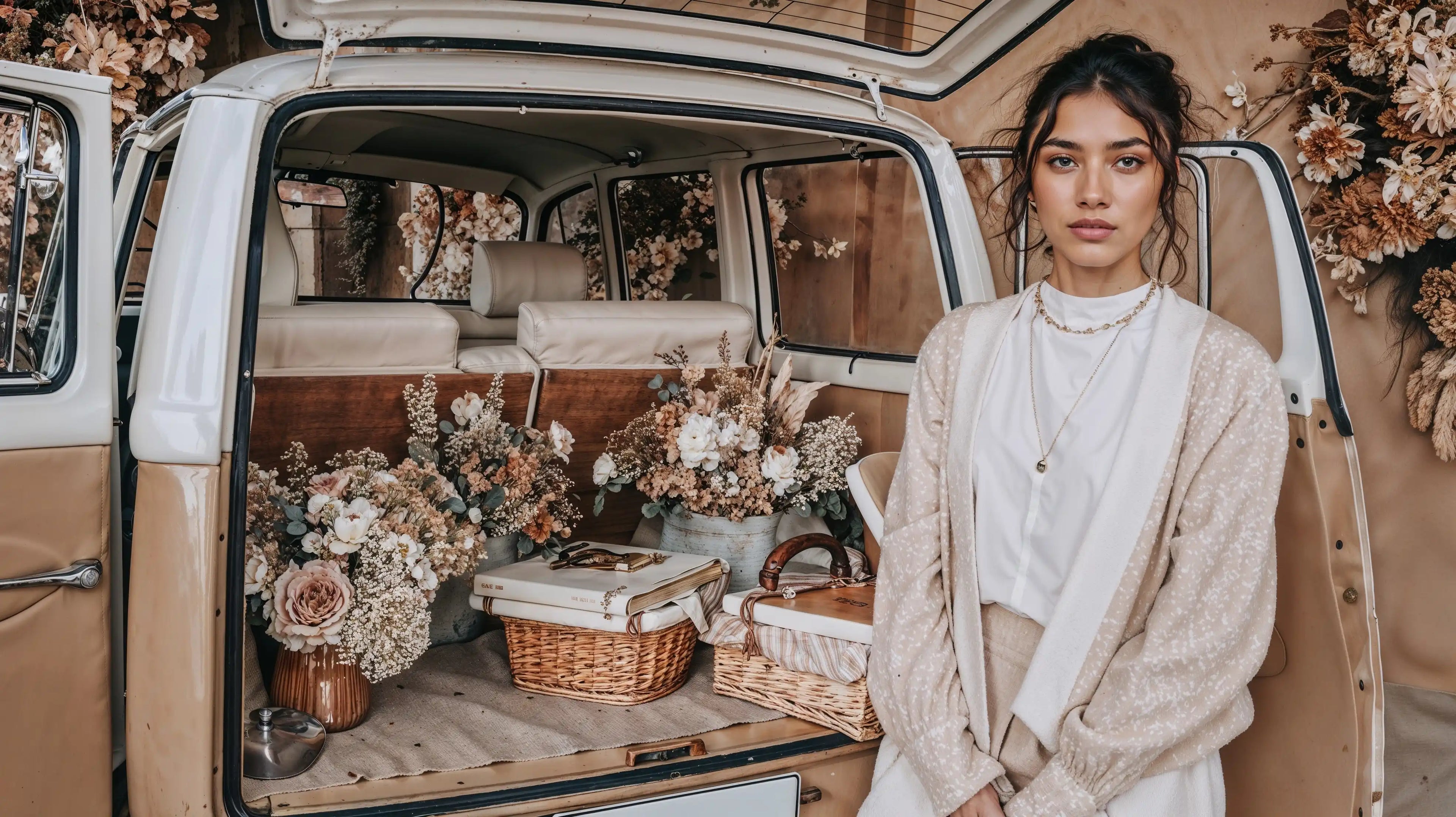Model trägt Mercy’s Jewelry Bestseller mit goldener Halskette und Armband, stilvoll inszeniert vor einem offenen VW-Bus mit Blumendekoration und Picknickkörben
