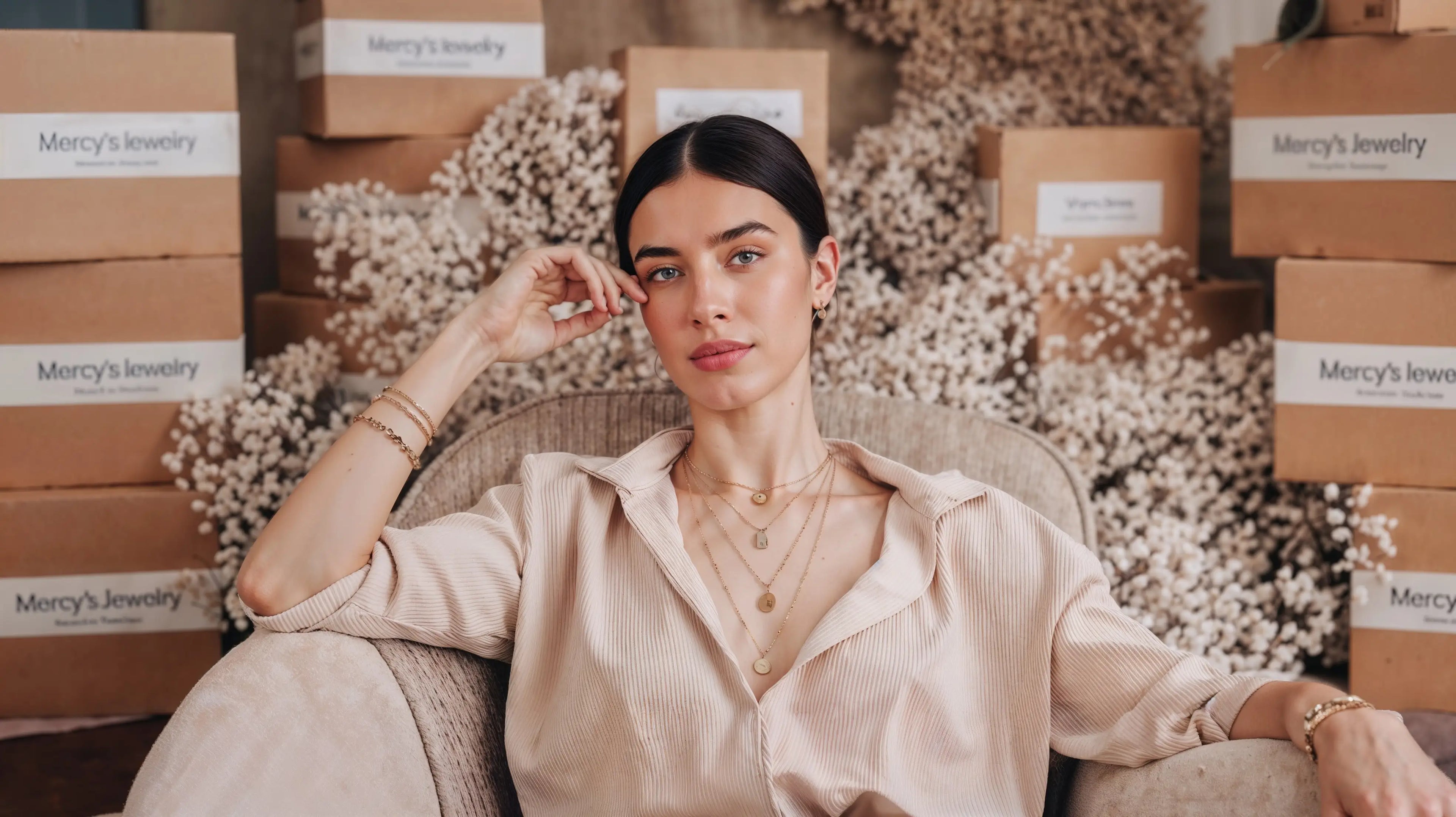 Mercy’s Jewelry Bestseller – Model trägt goldene Armbänder und Halsketten, umgeben von Verpackungsboxen und Blumendeko