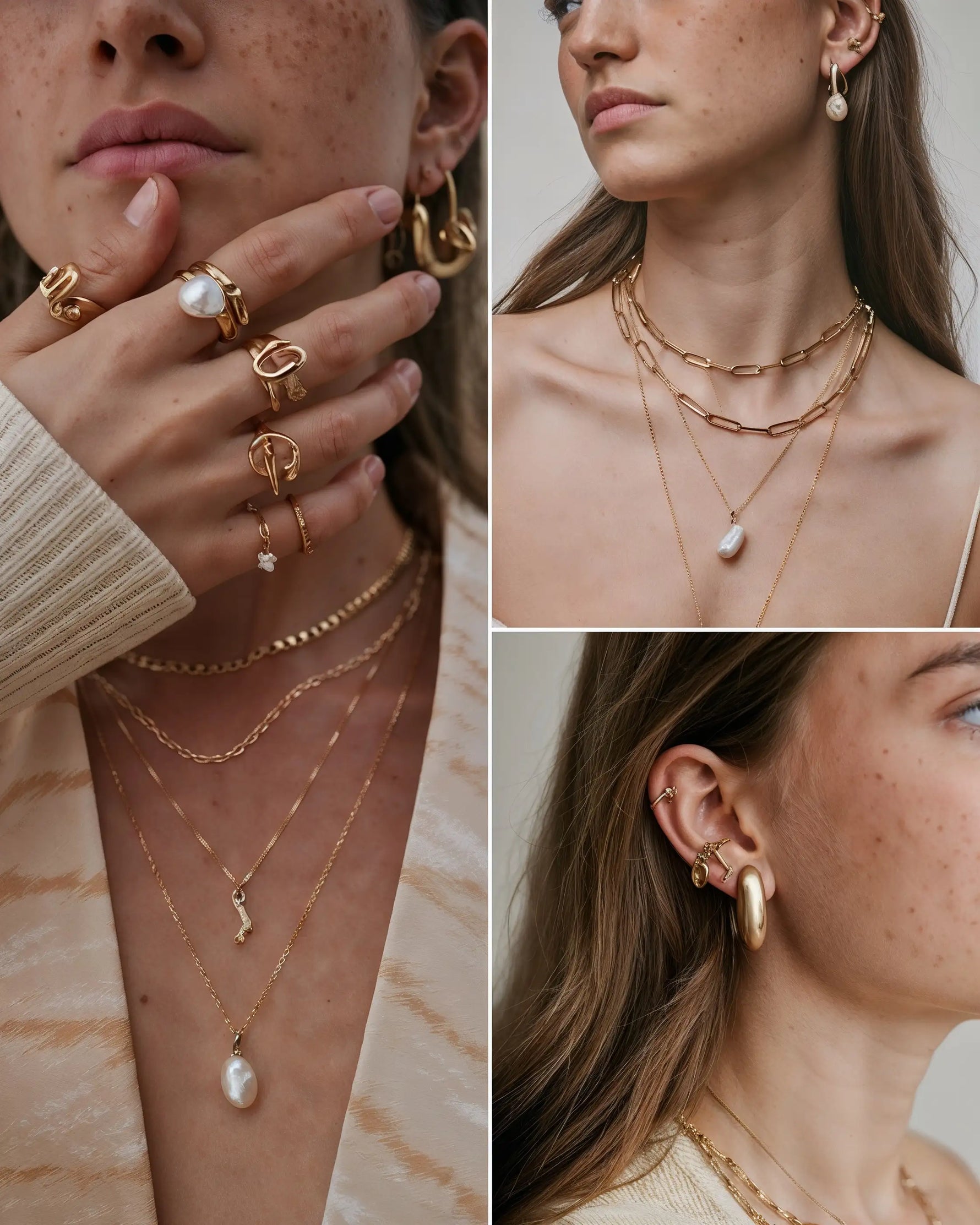 Collage mit goldfarbenen Mercy’s Jewelry Schmuckstücken: mehrlagige Halsketten, Statement-Ringe mit Perlen und goldene Creolen-Ohrringe, modern gestylt an einem Model.