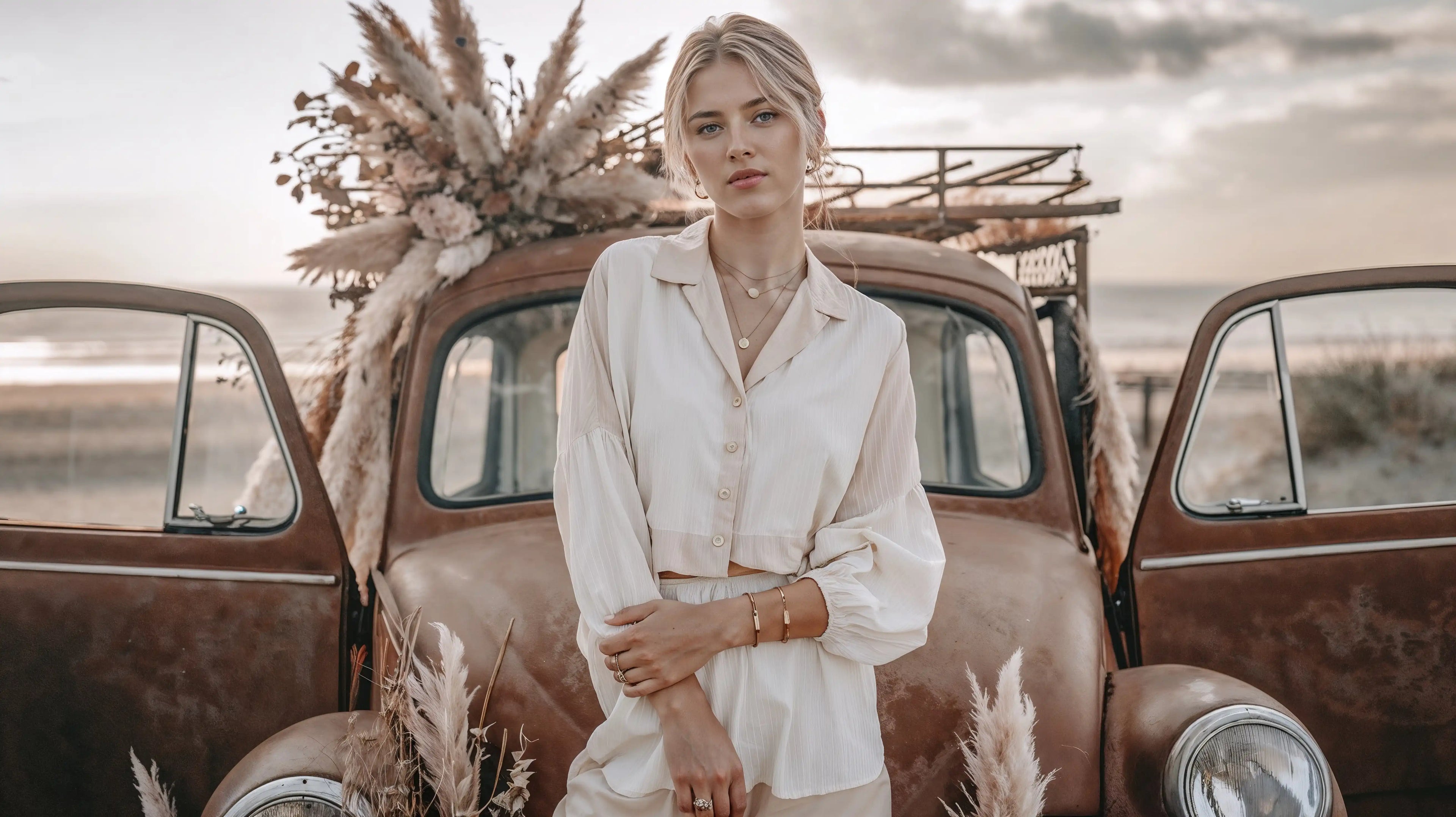 Model trägt Mercy’s Jewelry Damen Halsketten im Layering-Look mit Coin-Anhänger sowie Armbänder und Ringe aus Edelstahl 18K vergoldet