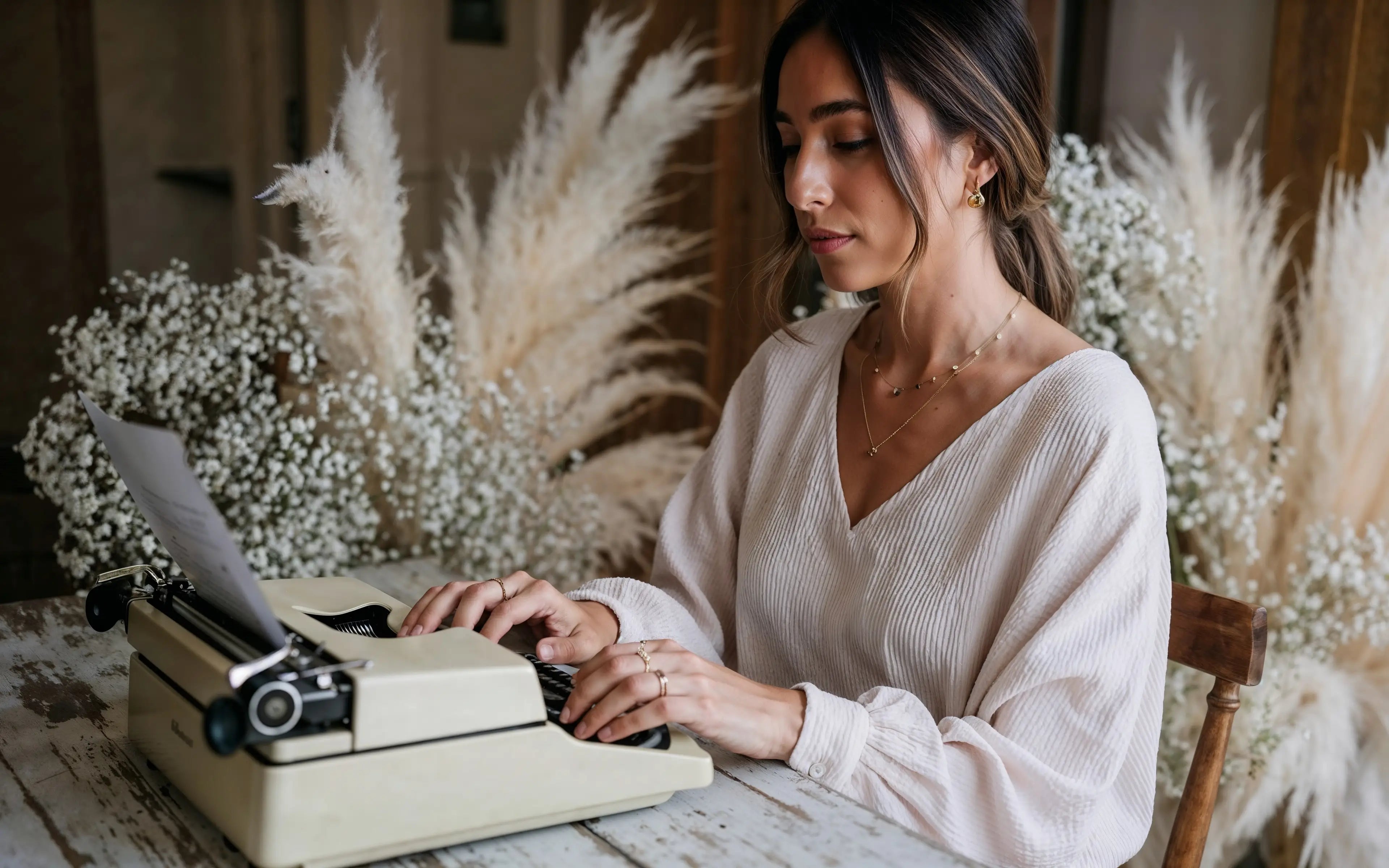 Model trägt Mercy’s Jewelry Essentials mit goldener Halskette, Ohrringen und Ringen und sitzt an einer Schreibmaschine, umgeben von dekorativen Trockenblumen