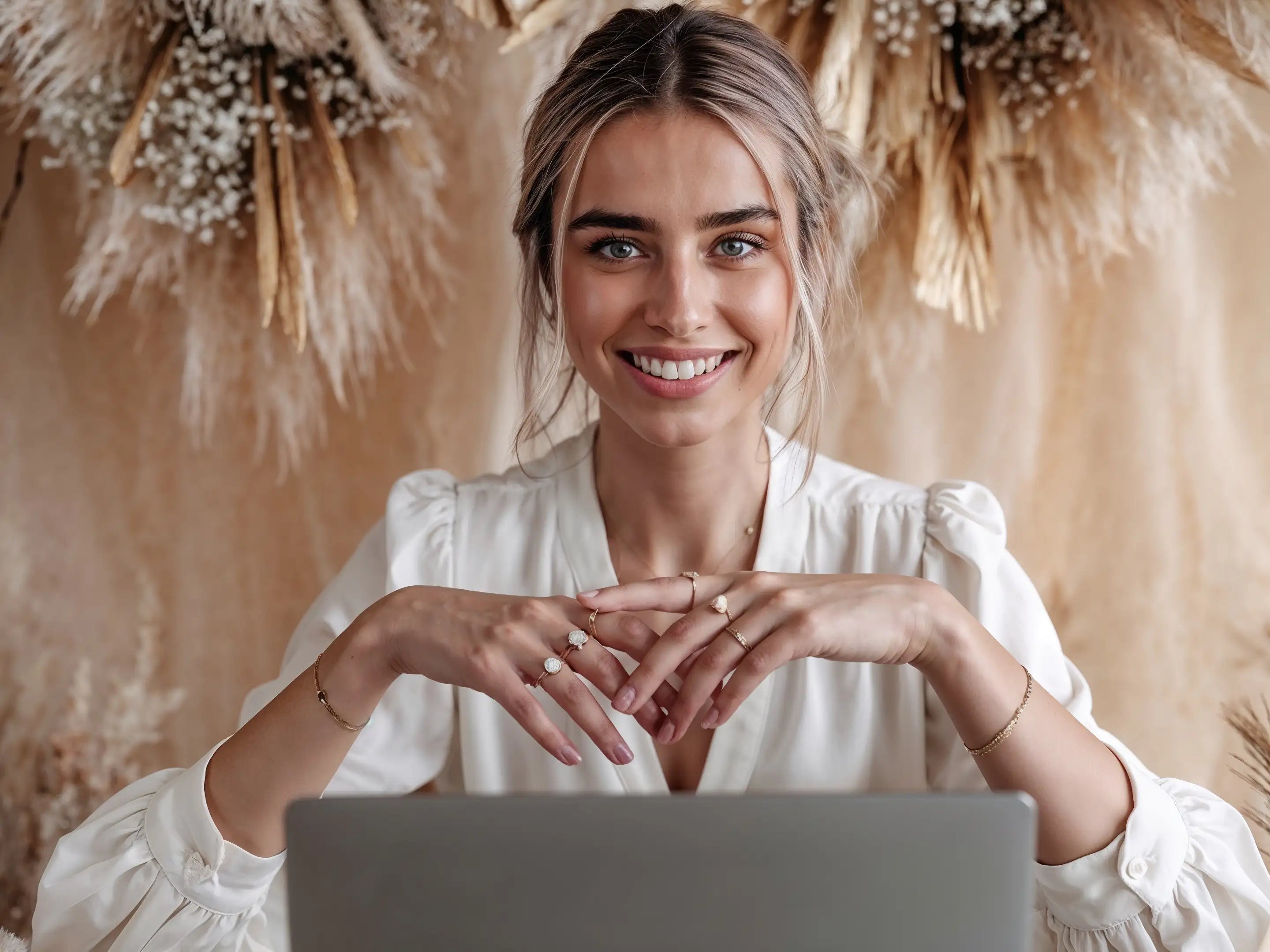Junge Frau lächelt vor dem Laptop und trägt Mercy’s Jewelry Schmuck – goldene Ringe, Armband und feine Halskette