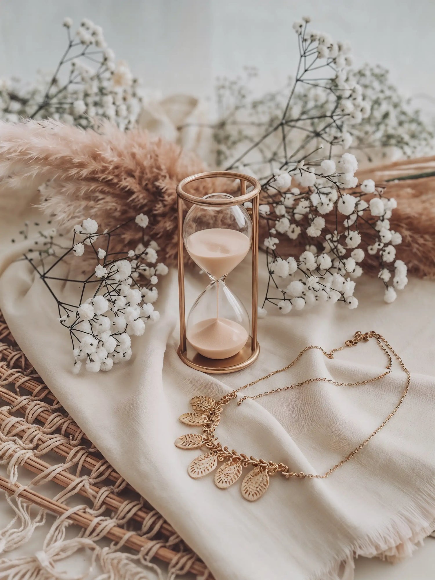 Mercy’s Jewelry goldene Halskette mit Blattdesign neben Stundenglas und Blumendeko arrangiert