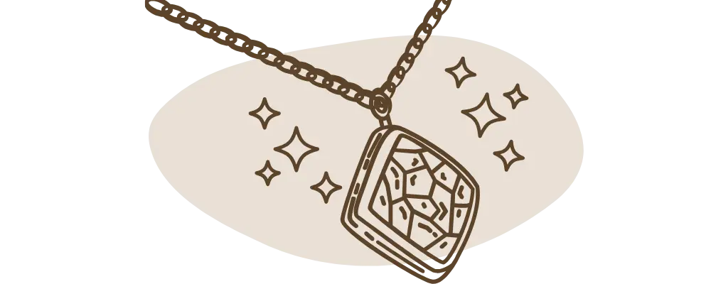 Illustration einer Halskette mit diamantförmigem Anhänger und funkelnden Sternsymbolen, stilisierte Grafik von Mercy’s Jewelry