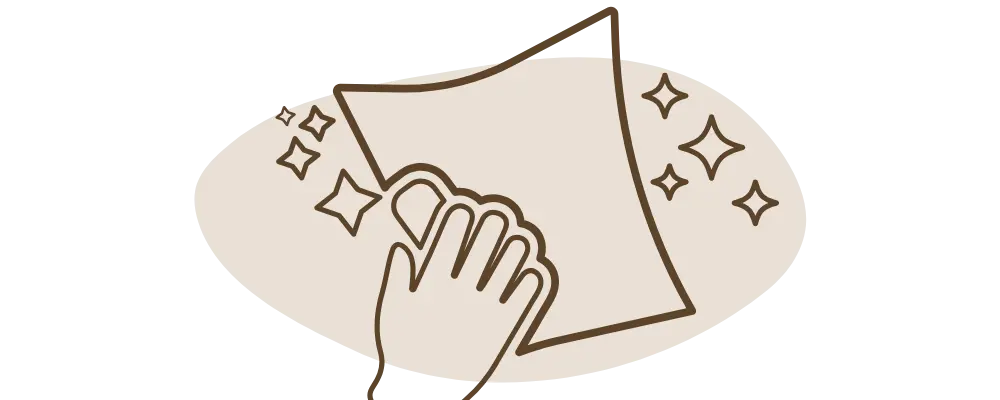 Illustration eines Icons: Hand mit Poliertuch reinigt Schmuck, Symbol für Pflege und Glanz bei Mercy’s Jewelry
