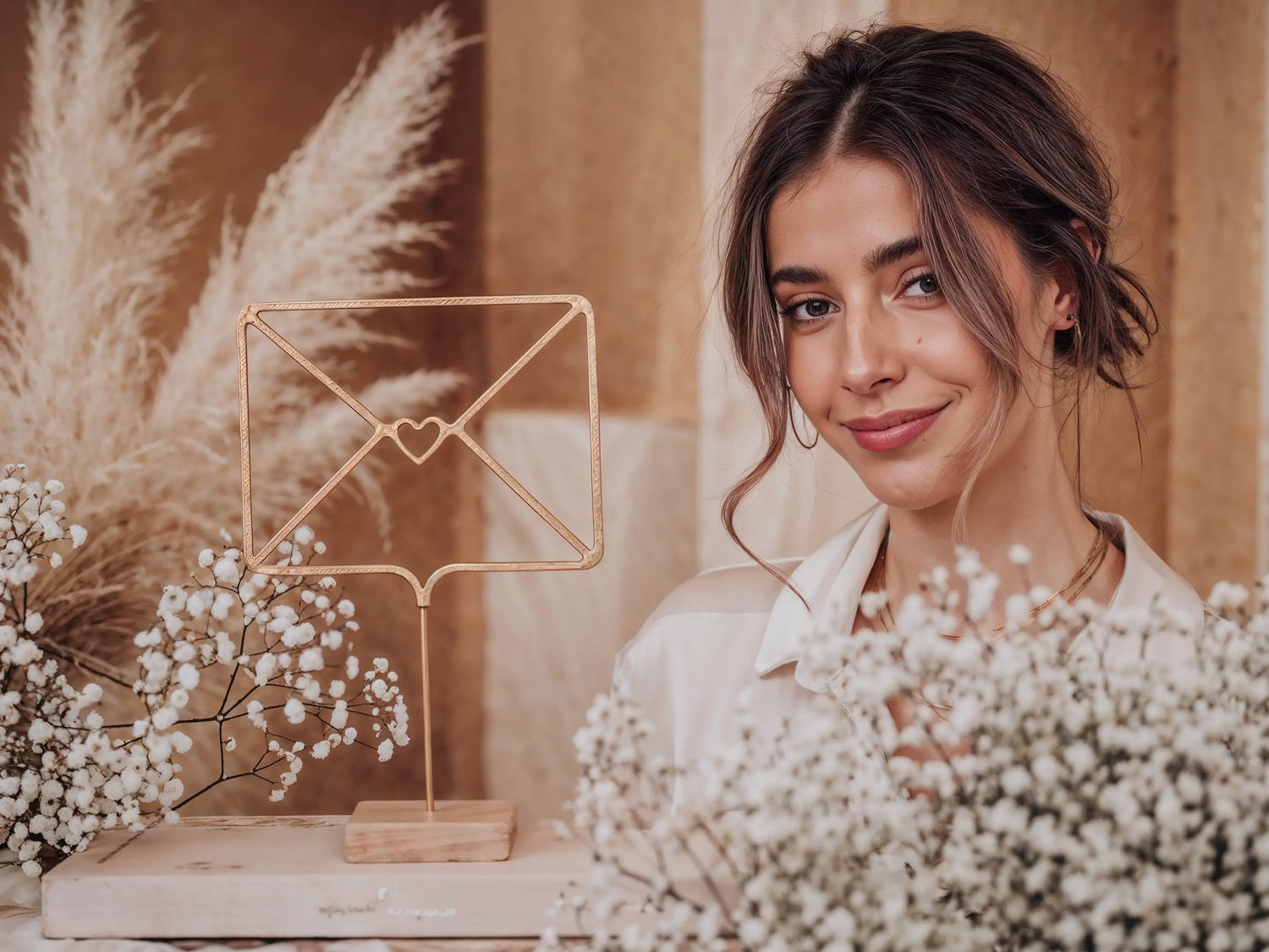 Model mit dunklem Haar trägt goldene Halsketten, sitzt neben goldener Briefsymbol-Skulptur, umgeben von weißen Trockenblumen