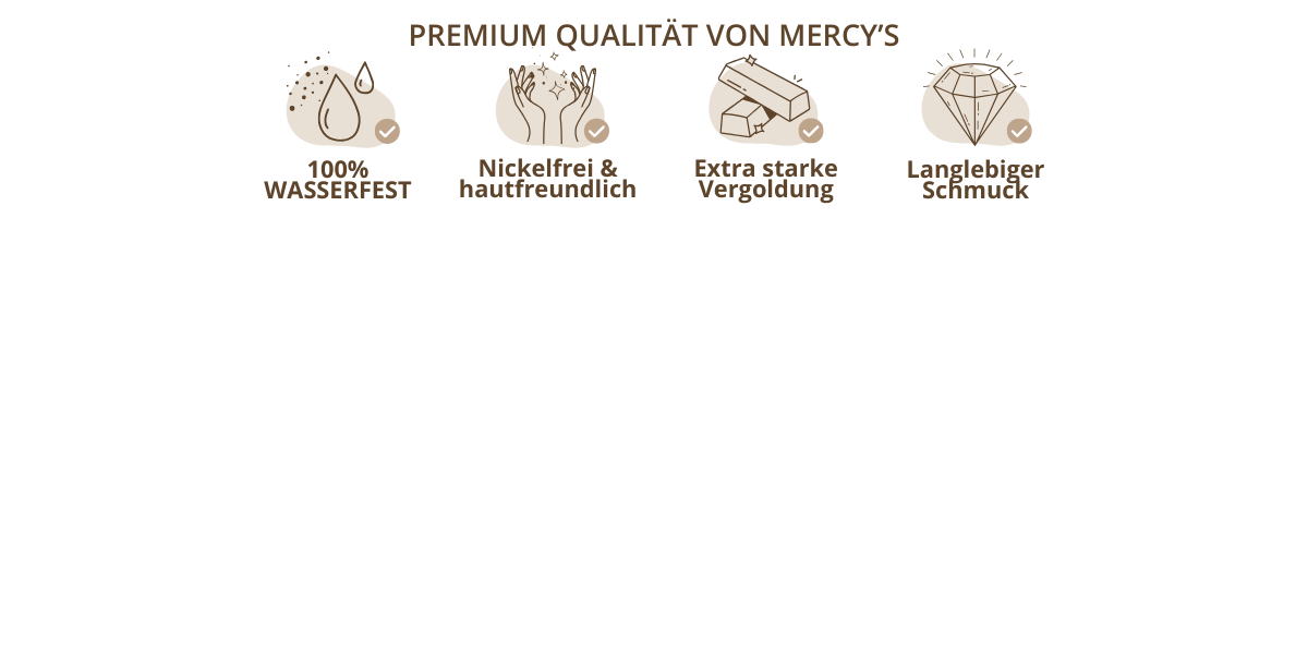Icons zu den Qualitätsmerkmalen von Mercy’s Jewelry: wasserfest, nickelfrei, extra starke Vergoldung und langlebiger Schmuck.