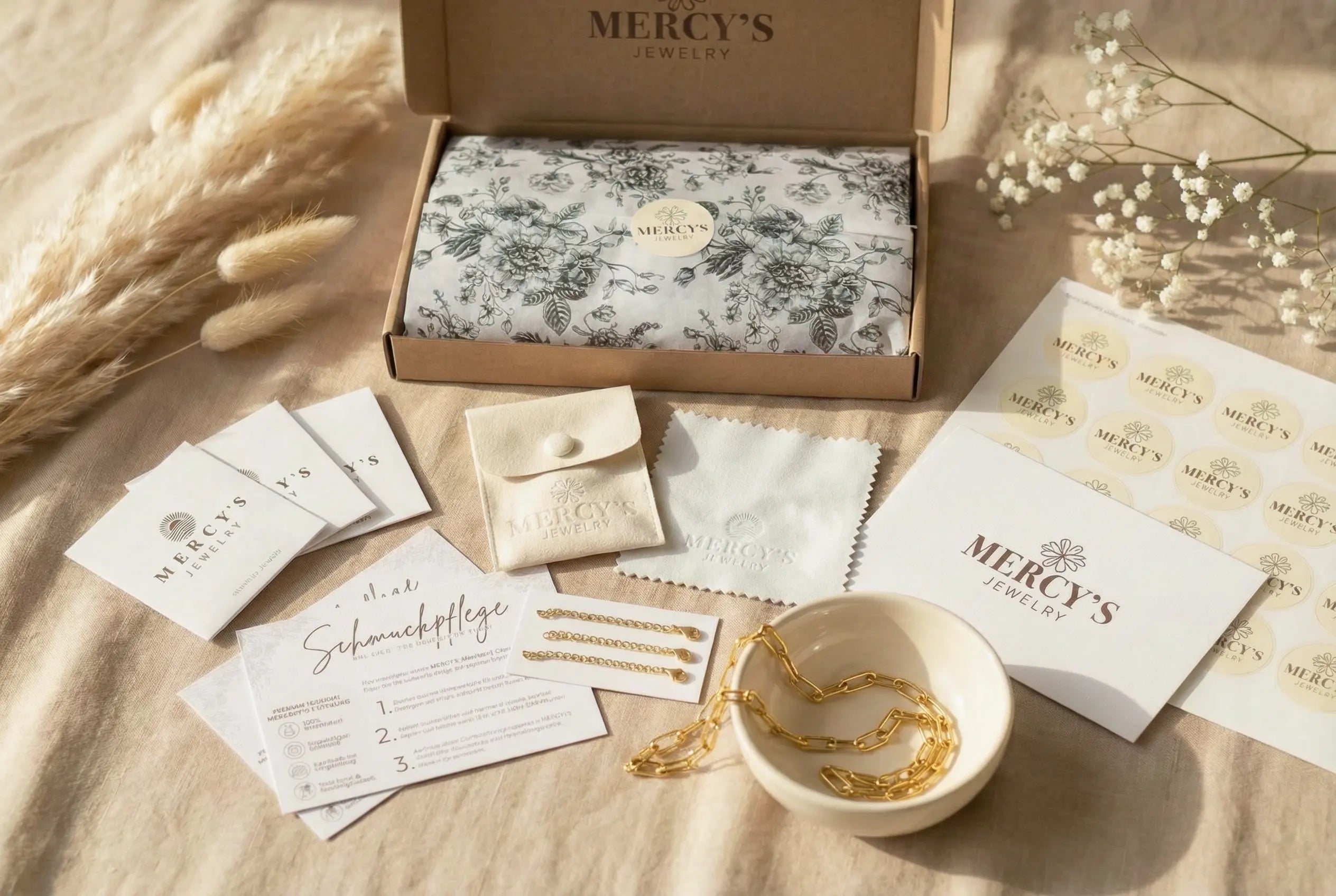 Flach gelegtes Mercy’s Jewelry Rundum-Paket mit Geschenkbox, Schmuckbeutel, Poliertuch, Pflegekarten, Stickern und einer goldenen Kette in einer Keramikschale – warmes, natürliches Set-Up mit Pampasgras und Schleierkraut