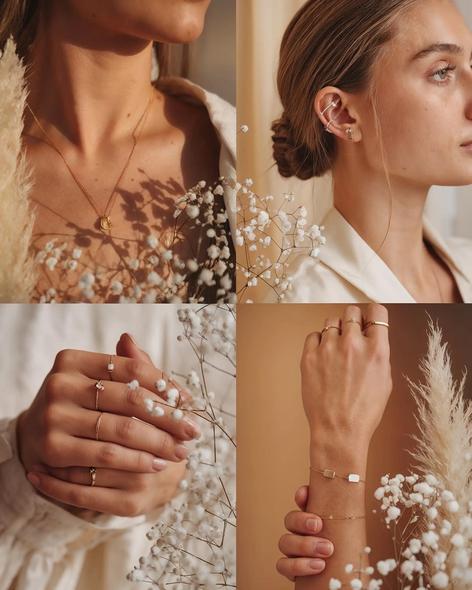 Collage mit Mercy’s Jewelry Schmuck: Halskette, Ohrringe, Ringe und Armband an einer Frau präsentiert zwischen weißen Blüten.